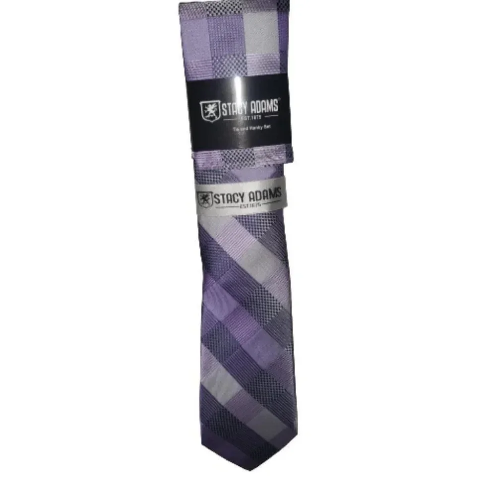 Stacy Adams Men's purple & Black plaid Tie & Hank Set Size OS